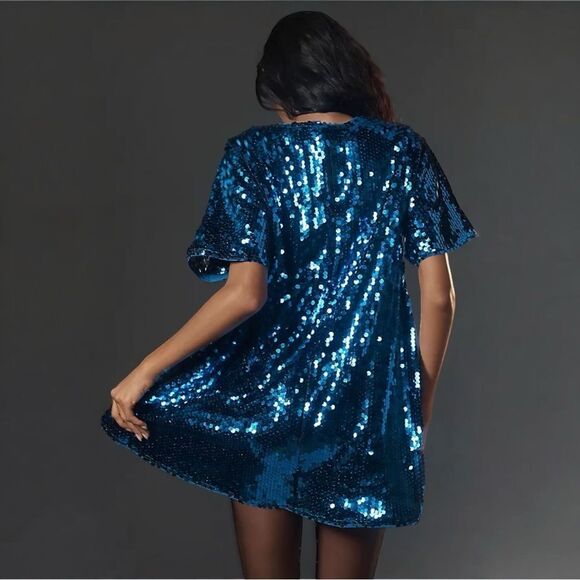 NWT Anthropologie Maeve Emmy Short-Sleeve Swing Mini Dress Sequin Blue Size S - Picture 1 of 4